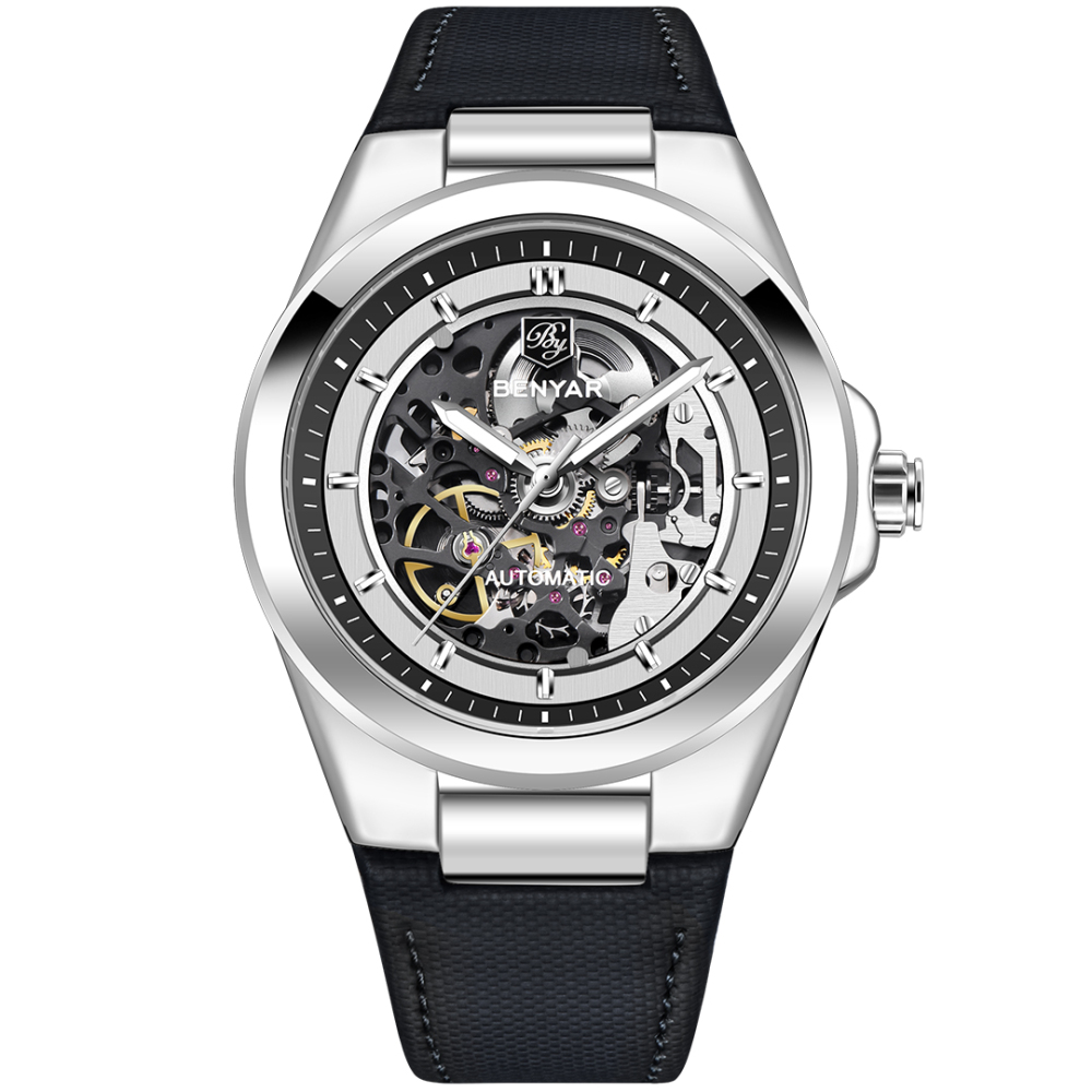 BENYAR Automatic Men's Watches 42mm Skeleton Mechanical Wrist Watch for Men, Leather Watchband, Blue, Black, White