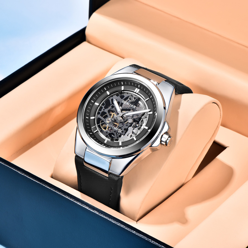 BENYAR Automatic Men's Watches 42mm Skeleton Mechanical Wrist Watch for Men, Leather Watchband, Blue, Black, White