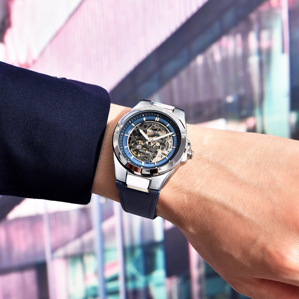 BENYAR Automatic Men's Watches 42mm Skeleton Mechanical Wrist Watch for Men, Leather Watchband, Blue, Black, White