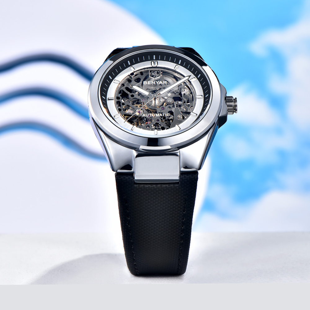 BENYAR Automatic Men's Watches 42mm Skeleton Mechanical Wrist Watch for Men, Leather Watchband, Blue, Black, White