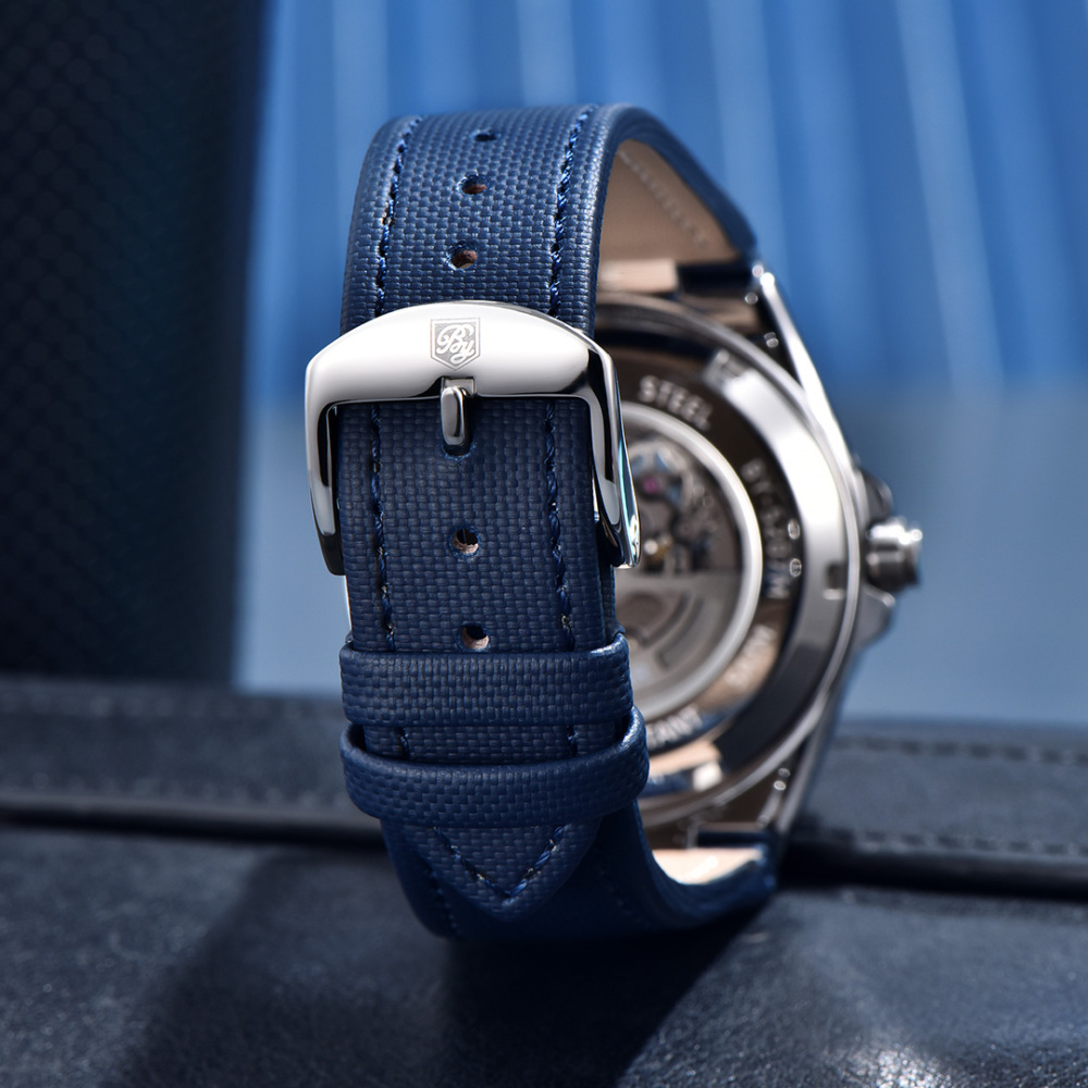 BENYAR Automatic Men's Watches 42mm Skeleton Mechanical Wrist Watch for Men, Leather Watchband, Blue, Black, White