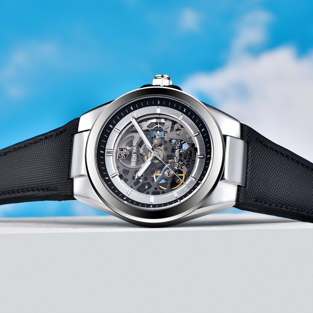 BENYAR Automatic Men's Watches 42mm Skeleton Mechanical Wrist Watch for Men, Leather Watchband, Blue, Black, White