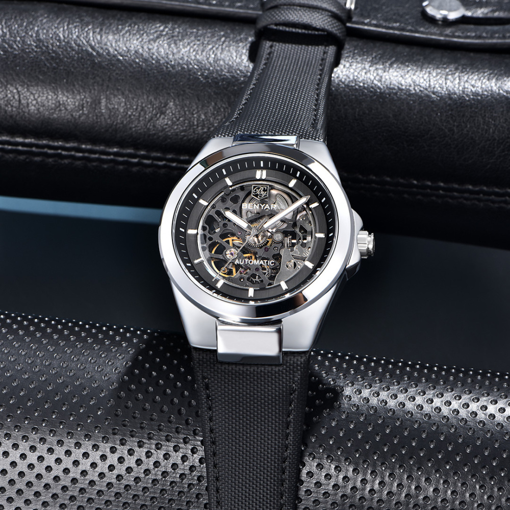 BENYAR Automatic Men's Watches 42mm Skeleton Mechanical Wrist Watch for Men, Leather Watchband, Blue, Black, White