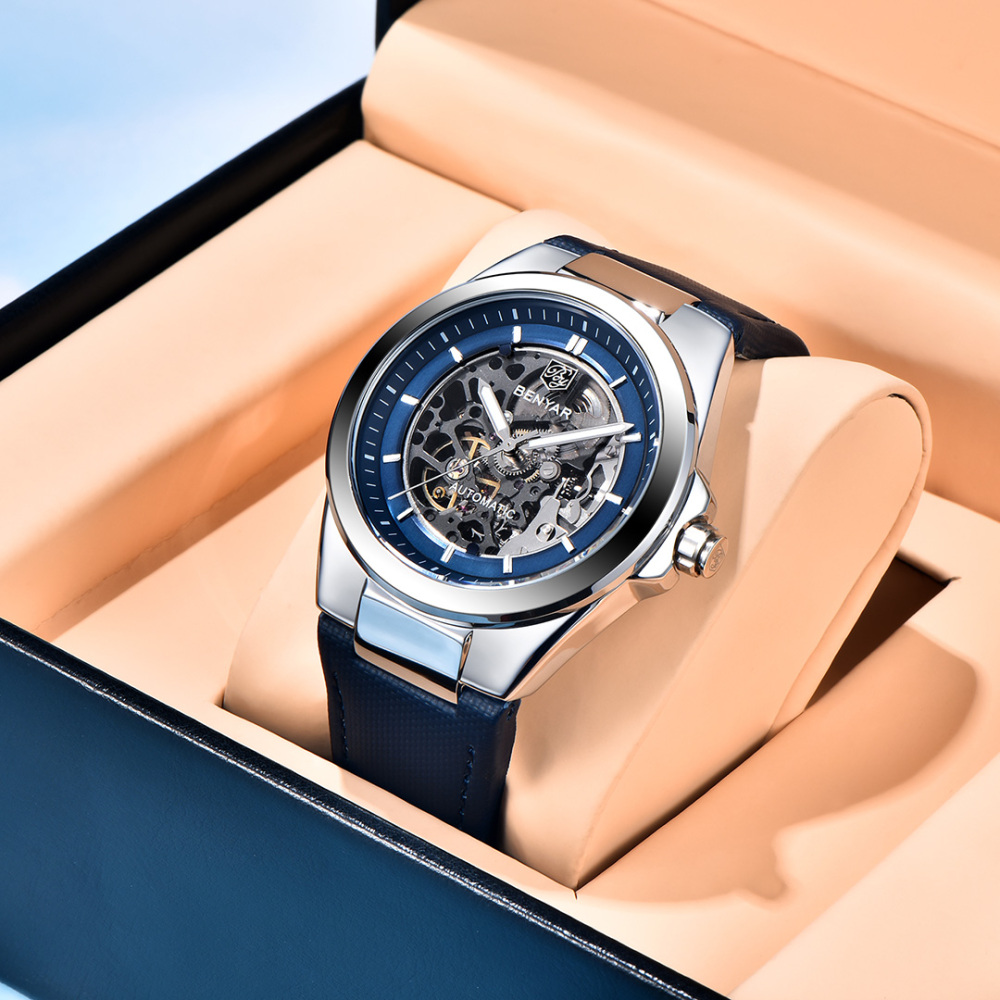 BENYAR Automatic Men's Watches 42mm Skeleton Mechanical Wrist Watch for Men, Leather Watchband, Blue, Black, White