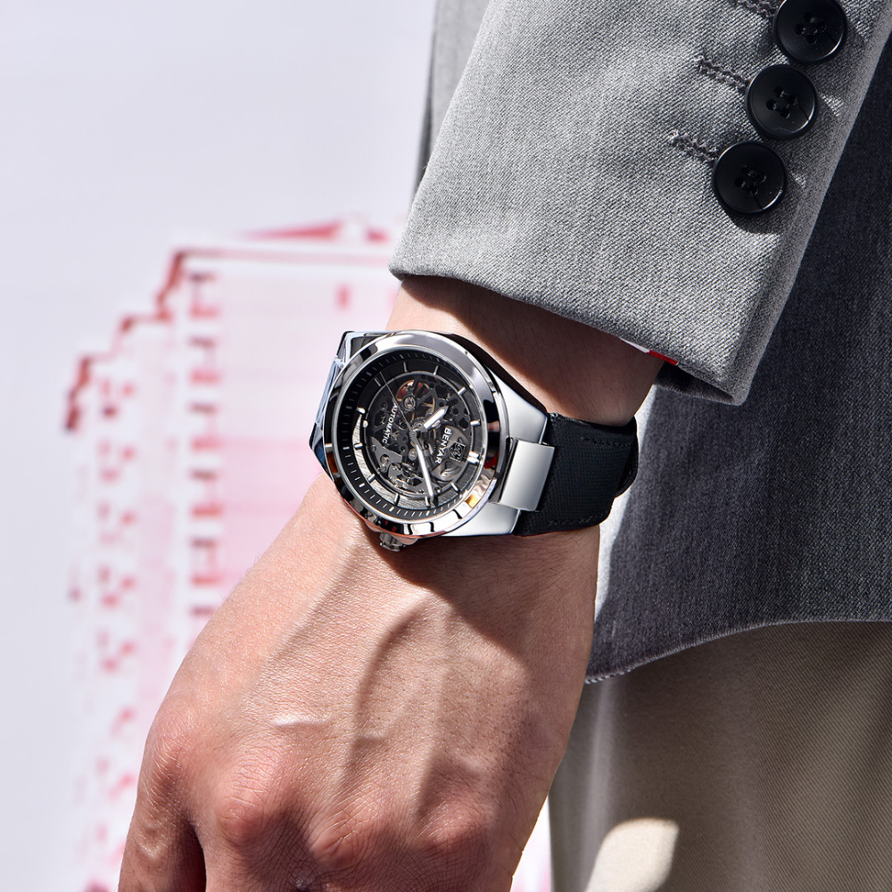 BENYAR Automatic Men's Watches 42mm Skeleton Mechanical Wrist Watch for Men, Leather Watchband, Blue, Black, White