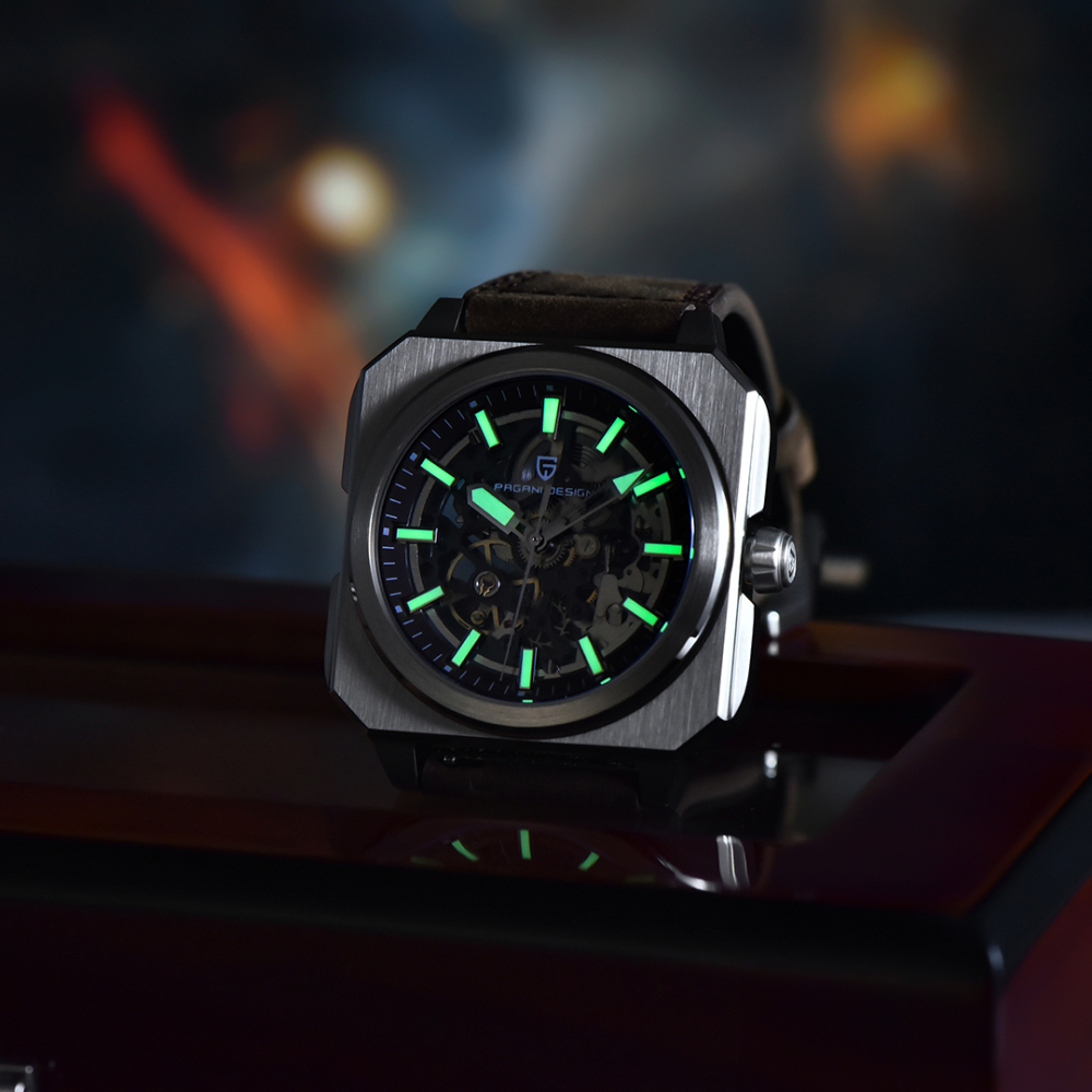 PAGANI DESIGN PD-1791 Skeleton Automatic Men's Watches 42MM Stainless Steel Square Mechanical Waterproof Wrist Watch for Men, Rubber or Leather Watchband