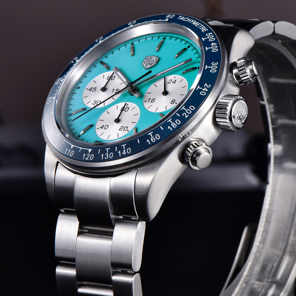 RollsTimi RT7931 Retro Chronograph Quartz Men's Watches 40mm Stainless Steel Waterproof Wrist Watch for Men, VK63 Movt, Blue, White, Yellow