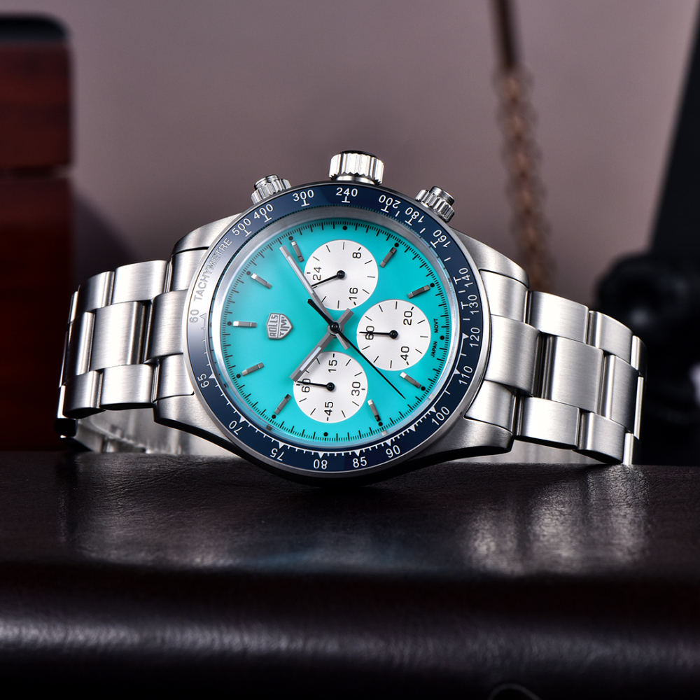 RollsTimi RT7931 Retro Chronograph Quartz Men's Watches 40mm Stainless Steel Waterproof Wrist Watch for Men, VK63 Movt, Blue, White, Yellow