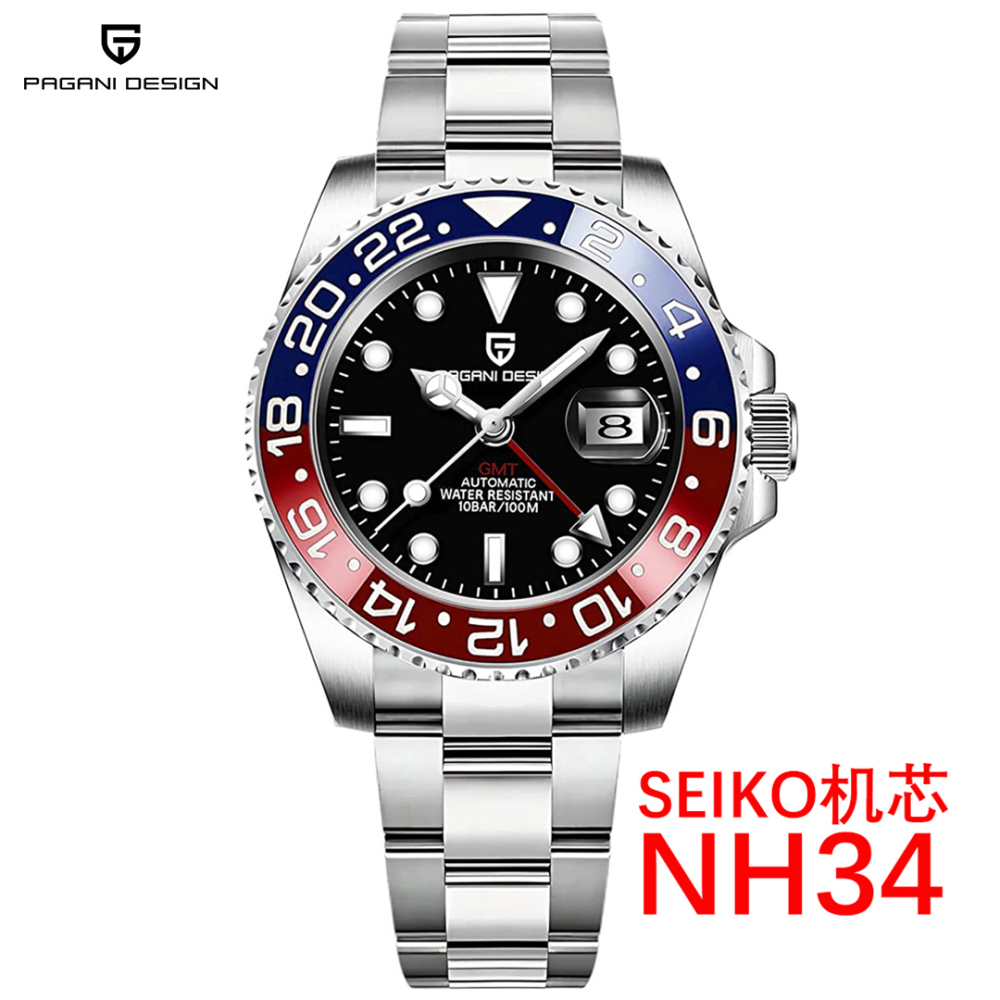 PAGANI DESIGN PD-1662 Men's Watches Automatic NH34 GMT New Stainless Steel Mechanical Waterproof Wrist Watch for Men Synthetic Sapphire Dial Glass PD1662
