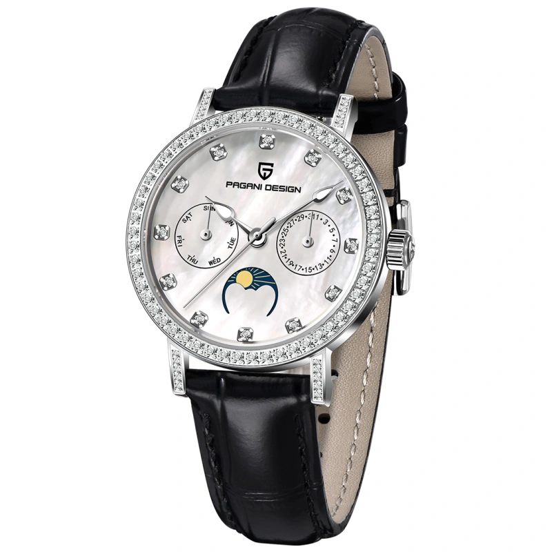 PAGANI DESIGN PD-1789 Women's Watch Stainless Steel Leather Wrist Watch for Women Luxury Waterproof  Wristwatchb with Moonphase, Week Date Display