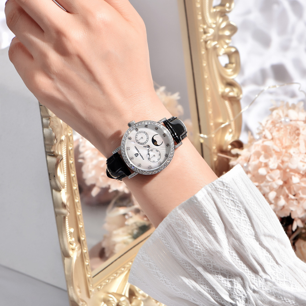 PAGANI DESIGN PD-1789 Women's Watch Stainless Steel Leather Wrist Watch for Women Luxury Waterproof  Wristwatchb with Moonphase, Week Date Display