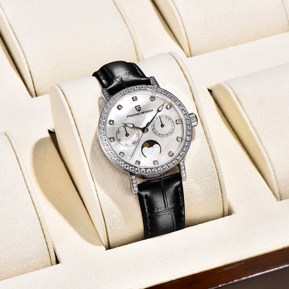 PAGANI DESIGN PD-1789 Women's Watch Stainless Steel Leather Wrist Watch for Women Luxury Waterproof  Wristwatchb with Moonphase, Week Date Display