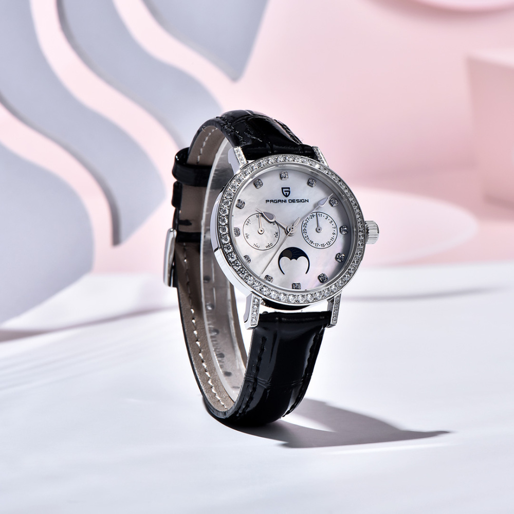 PAGANI DESIGN PD-1789 Women's Watch Stainless Steel Leather Wrist Watch for Women Luxury Waterproof  Wristwatchb with Moonphase, Week Date Display