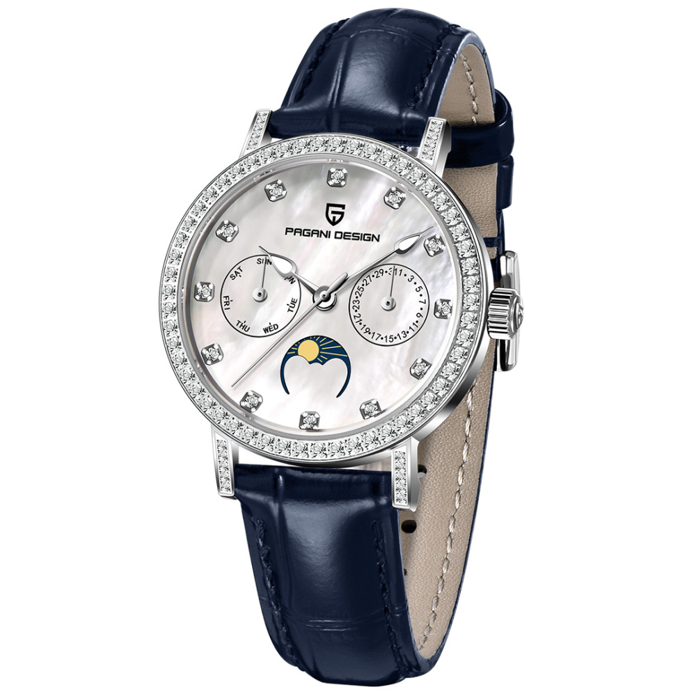 PAGANI DESIGN PD-1789 Women's Watch Stainless Steel Leather Wrist Watch for Women Luxury Waterproof  Wristwatchb with Moonphase, Week Date Display