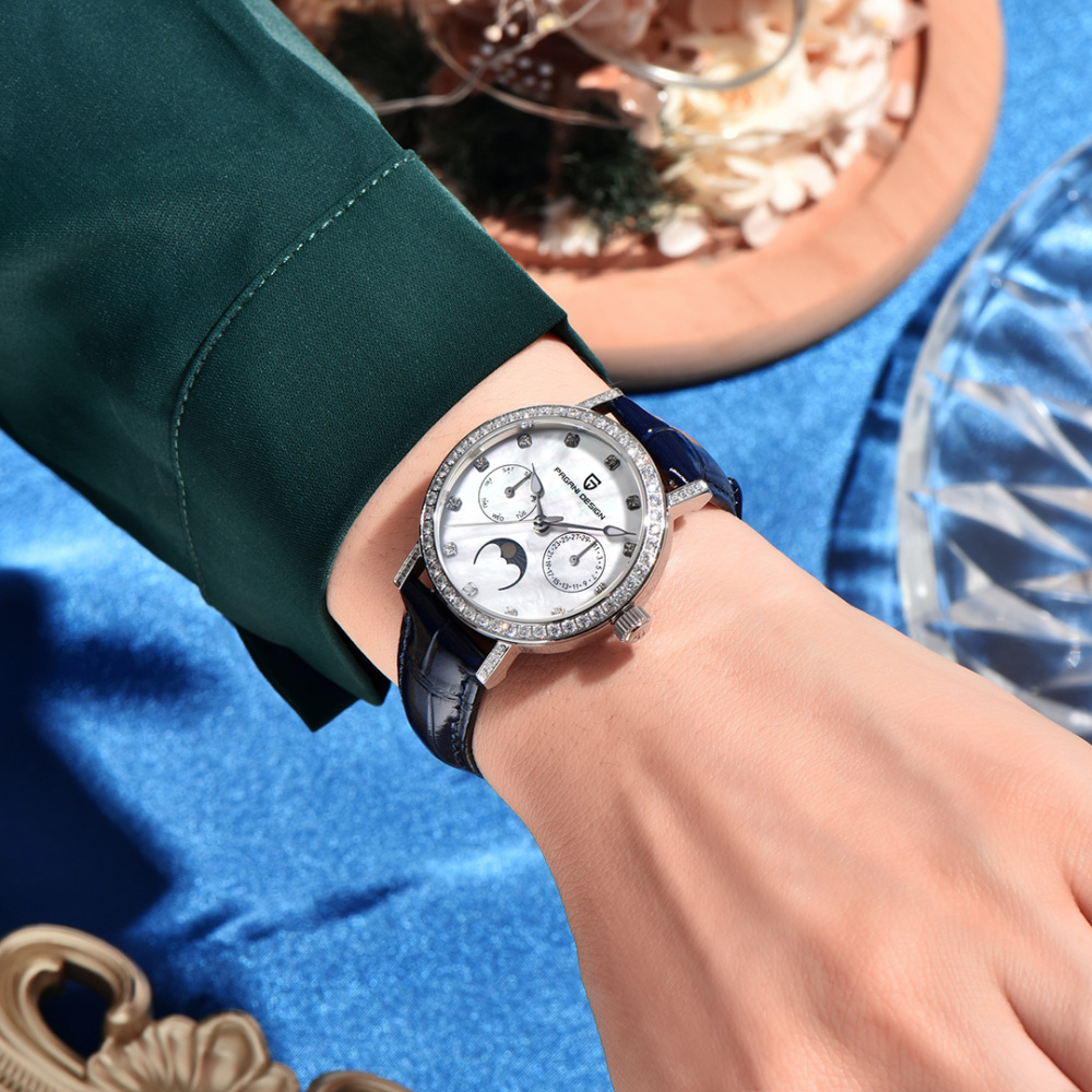 PAGANI DESIGN PD-1789 Women's Watch Stainless Steel Leather Wrist Watch for Women Luxury Waterproof  Wristwatchb with Moonphase, Week Date Display