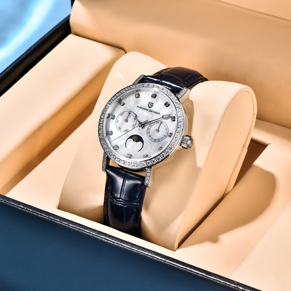 PAGANI DESIGN PD-1789 Women's Watch Stainless Steel Leather Wrist Watch for Women Luxury Waterproof  Wristwatchb with Moonphase, Week Date Display