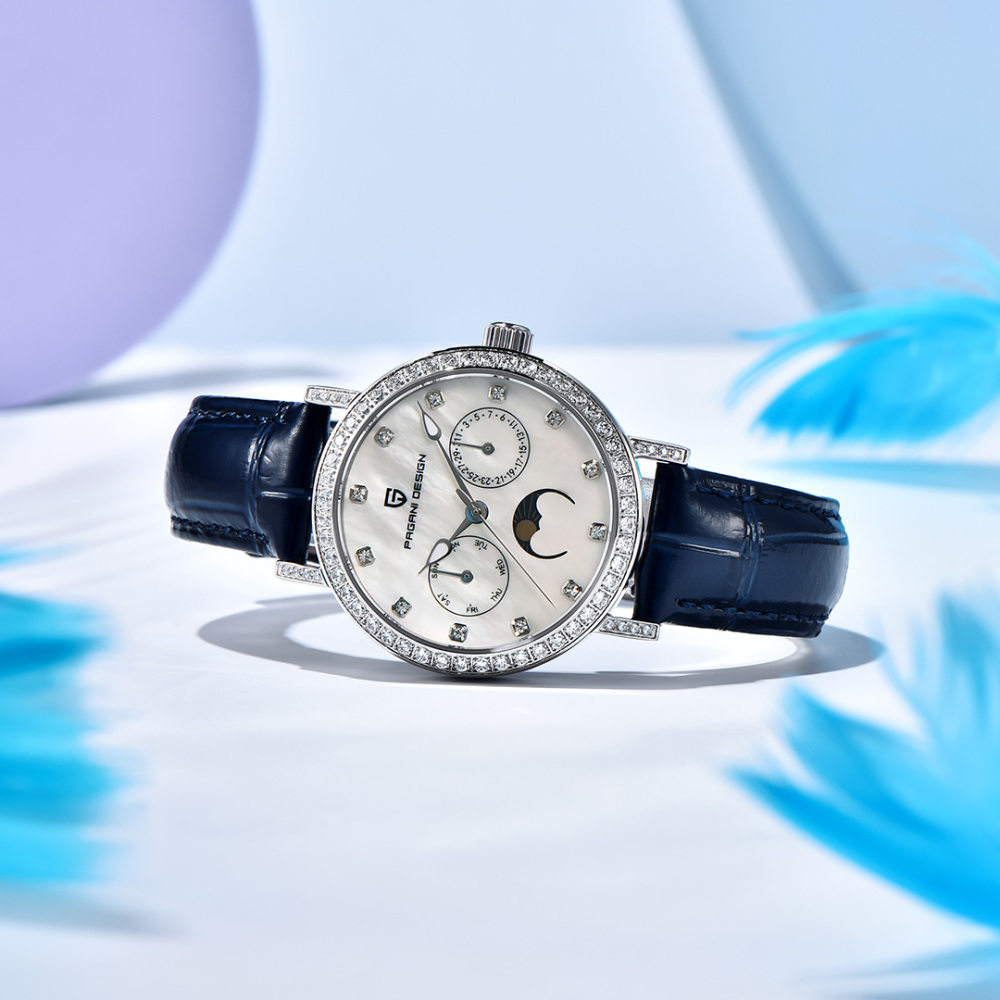 PAGANI DESIGN PD-1789 Women's Watch Stainless Steel Leather Wrist Watch for Women Luxury Waterproof  Wristwatchb with Moonphase, Week Date Display