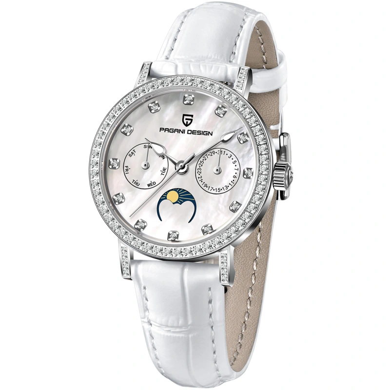 PAGANI DESIGN PD-1789 Women's Watch Stainless Steel Leather Wrist Watch for Women Luxury Waterproof  Wristwatchb with Moonphase, Week Date Display