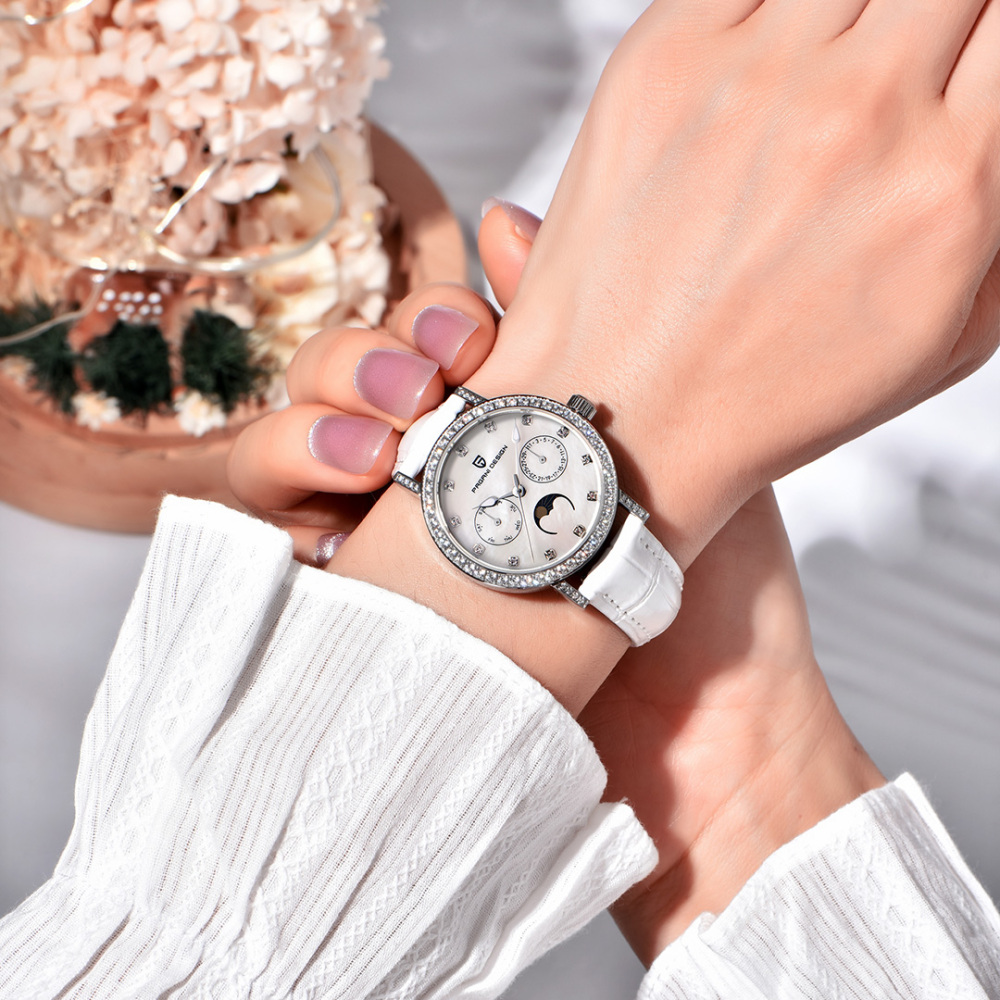 PAGANI DESIGN PD-1789 Women's Watch Stainless Steel Leather Wrist Watch for Women Luxury Waterproof  Wristwatchb with Moonphase, Week Date Display