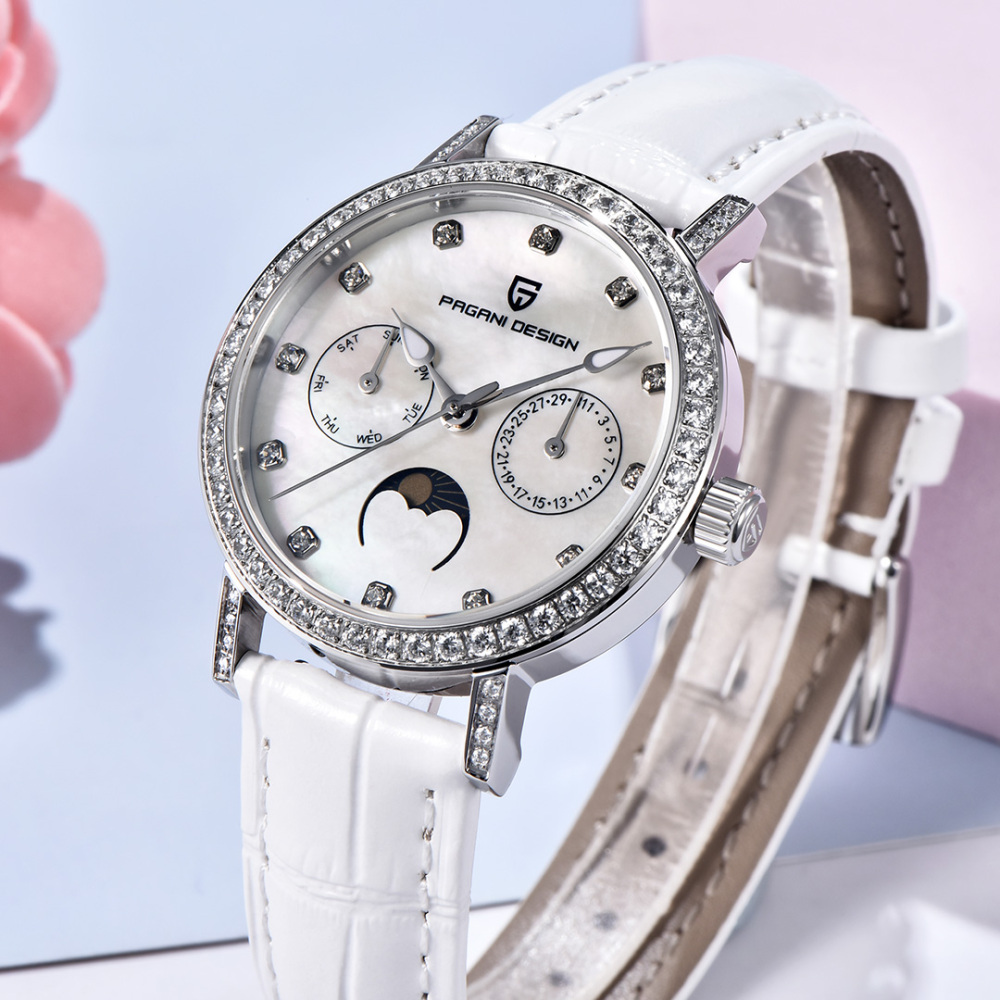 PAGANI DESIGN PD-1789 Women's Watch Stainless Steel Leather Wrist Watch for Women Luxury Waterproof  Wristwatchb with Moonphase, Week Date Display