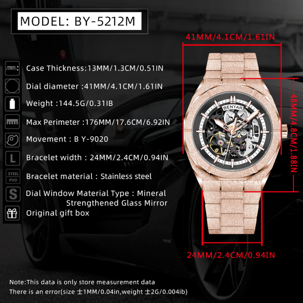 BENYAR BY-5212M Men's Automatic Watches Unique Skeleton Steel Mechanical Wrist Watch for Men, Shining Versions, Rose Gold Timepieces