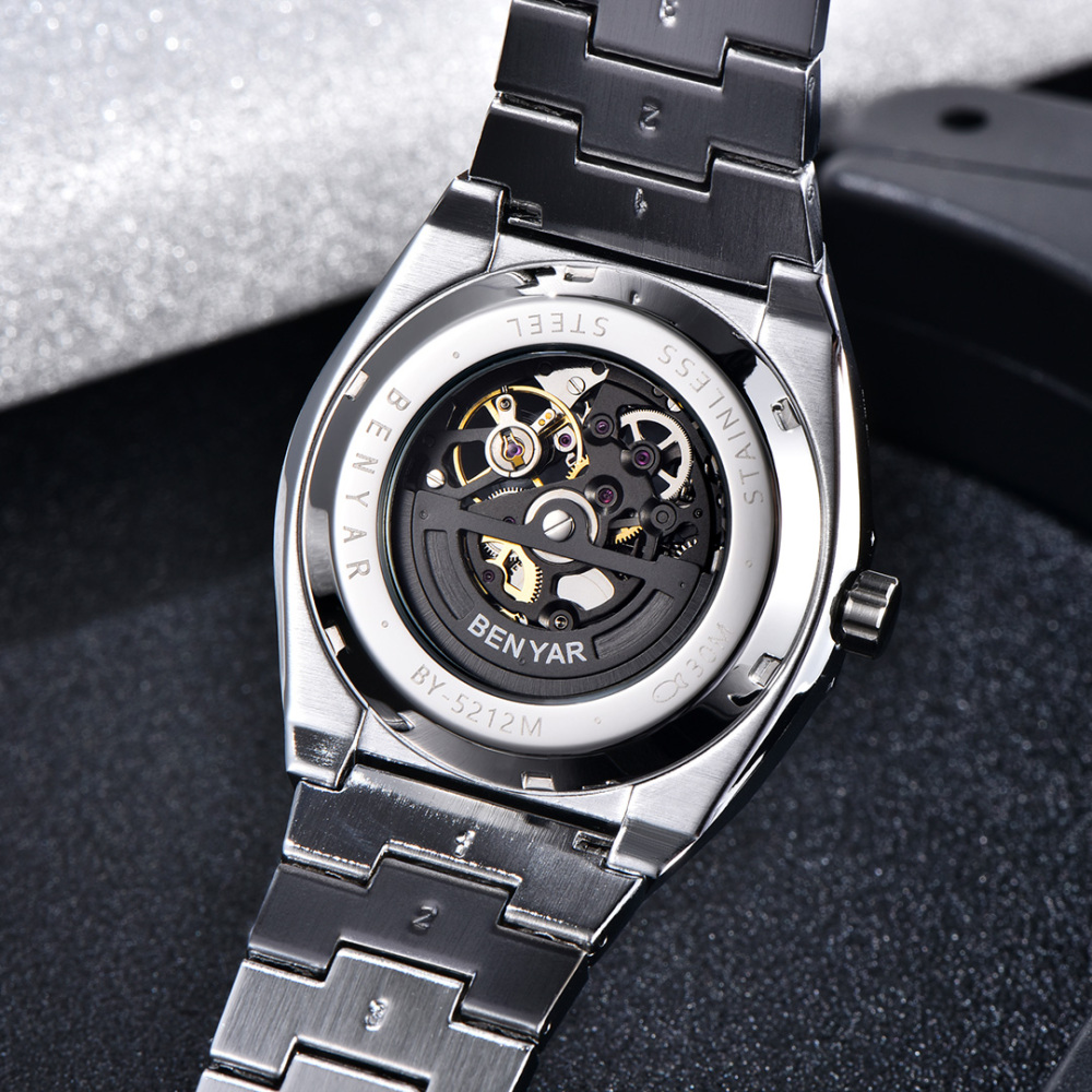 BENYAR BY-5212M Men's Automatic Watches Unique Skeleton Steel Mechanical Wrist Watch for Men, Shining Versions, Rose Gold Timepieces