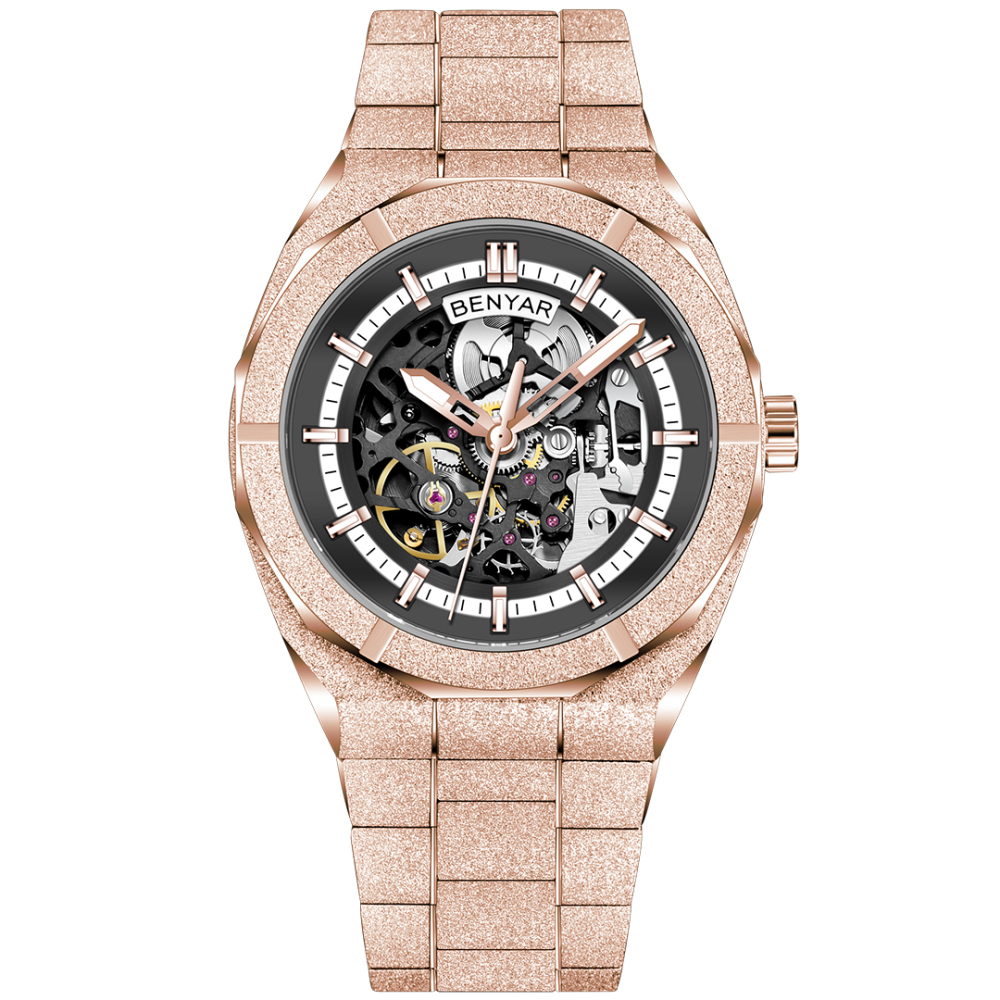 BENYAR BY-5212M Men's Automatic Watches Unique Skeleton Steel Mechanical Wrist Watch for Men, Shining Versions, Rose Gold Timepieces