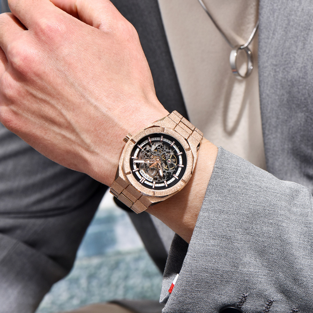 BENYAR BY-5212M Men's Automatic Watches Unique Skeleton Steel Mechanical Wrist Watch for Men, Shining Versions, Rose Gold Timepieces