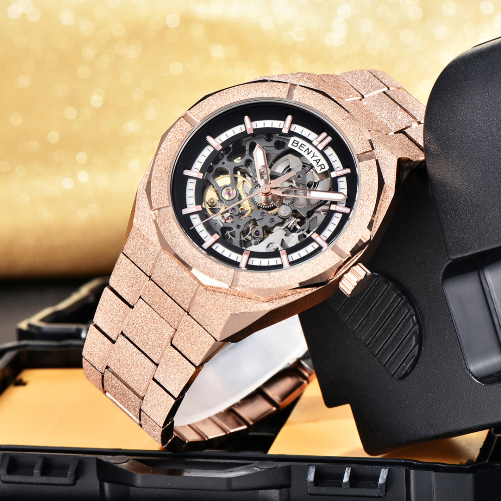 BENYAR BY-5212M Men's Automatic Watches Unique Skeleton Steel Mechanical Wrist Watch for Men, Shining Versions, Rose Gold Timepieces