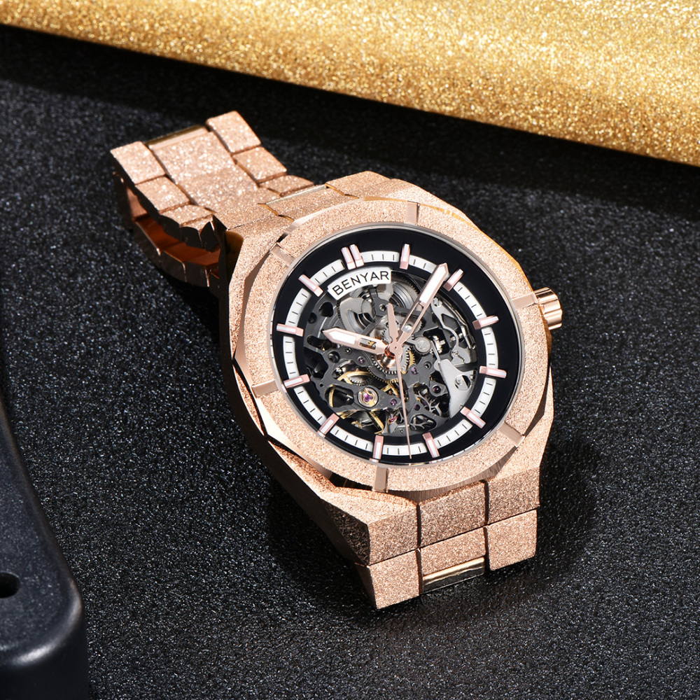 BENYAR BY-5212M Men's Automatic Watches Unique Skeleton Steel Mechanical Wrist Watch for Men, Shining Versions, Rose Gold Timepieces