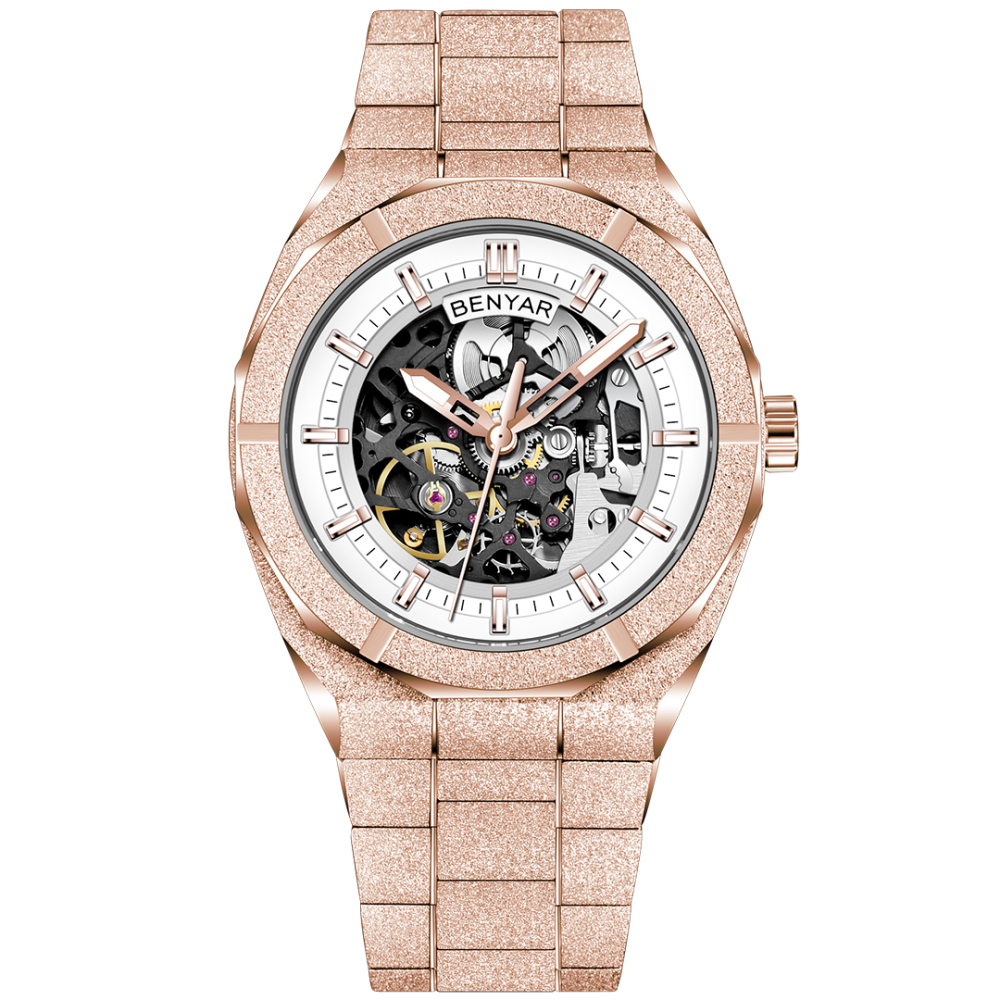 BENYAR BY-5212M Men's Automatic Watches Unique Skeleton Steel Mechanical Wrist Watch for Men, Shining Versions, Rose Gold Timepieces