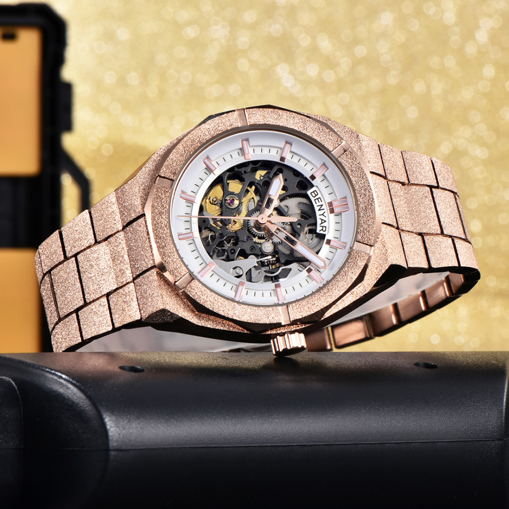 BENYAR BY-5212M Men's Automatic Watches Unique Skeleton Steel Mechanical Wrist Watch for Men, Shining Versions, Rose Gold Timepieces