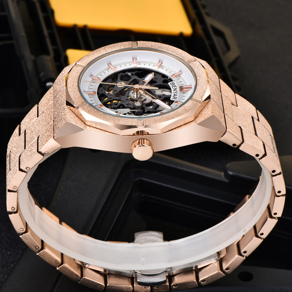 BENYAR BY-5212M Men's Automatic Watches Unique Skeleton Steel Mechanical Wrist Watch for Men, Shining Versions, Rose Gold Timepieces