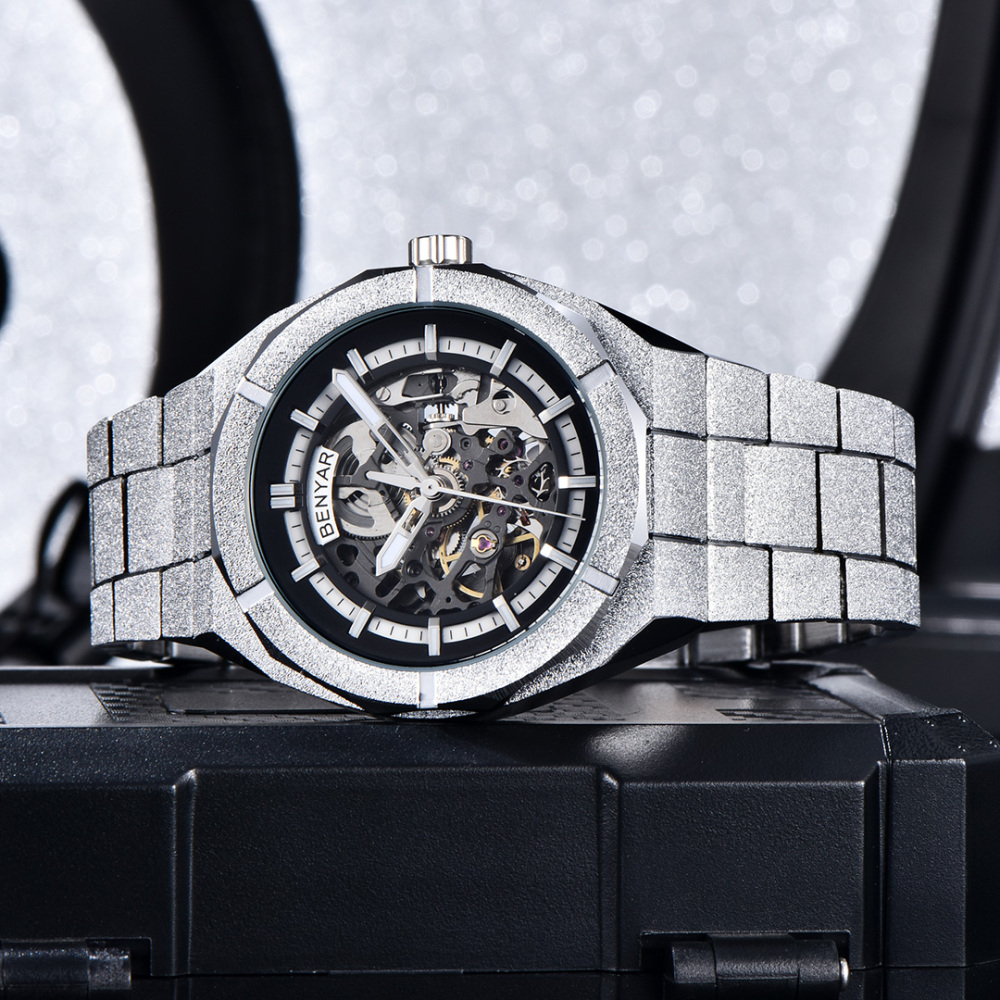 BENYAR BY-5212M Men's Automatic Watches Unique Skeleton Steel Mechanical Wrist Watch for Men, Shining Versions, Rose Gold Timepieces