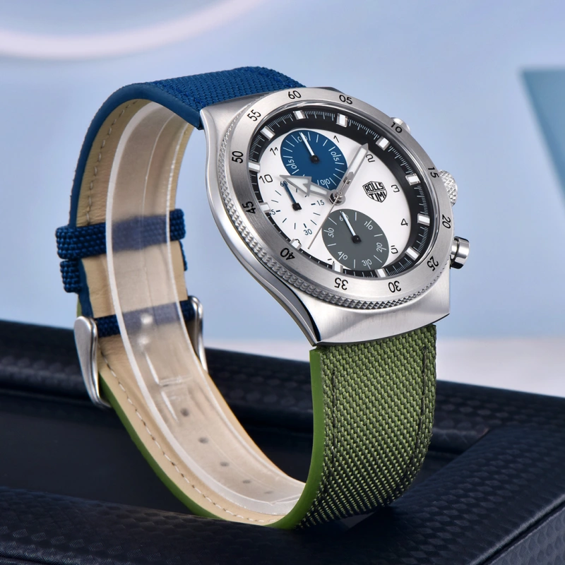 RollsTimi RT7932 Sports Quartz Men's Watch Stainless Steel Chronograph Waterproof Wrist Watch for Men, Leather Watchband