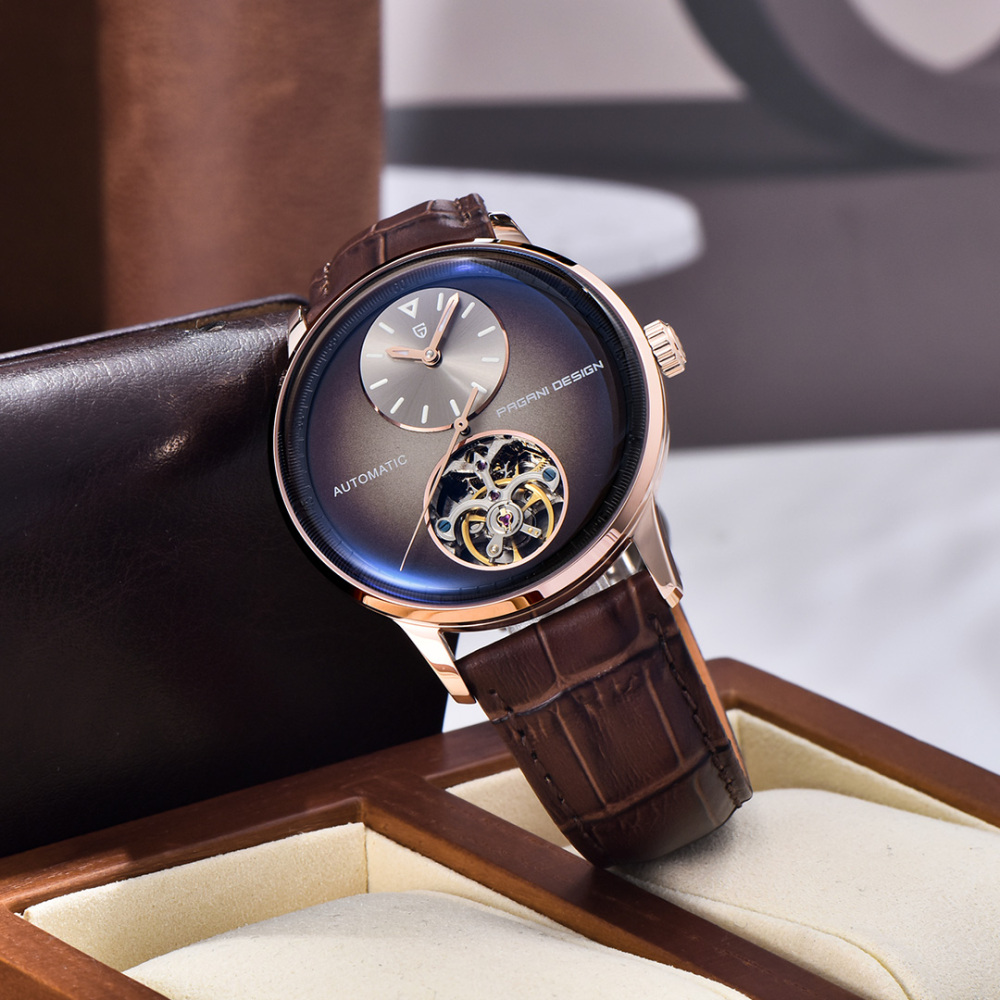 PAGANI DESIGN PD-1796 Tourbillon Men's Watch Automatic Mechanical Stainless Steel Wrist Watch for Men, Sapphire Dial Glass, Leather Watch band