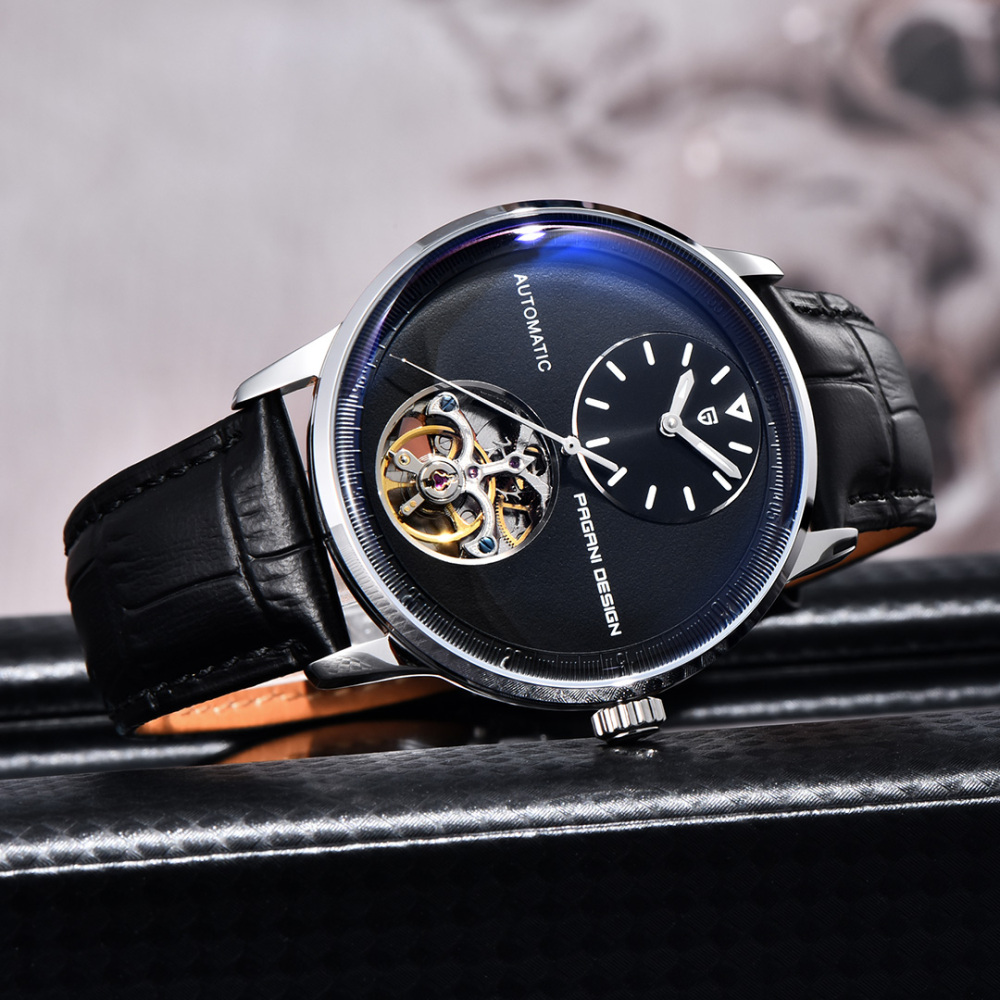 PAGANI DESIGN PD-1796 Men's Watch with Balance Wheel Automatic Mechanical Stainless Steel Wrist Watch for Men, Business Style, Leather Watch band