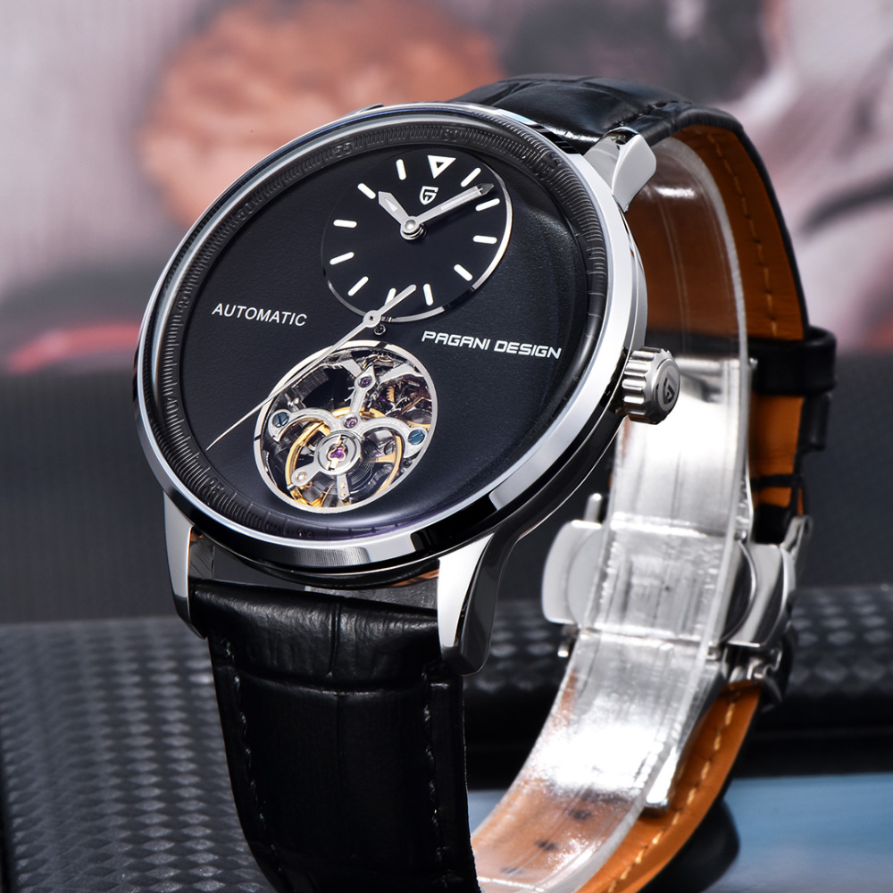PAGANI DESIGN PD-1796 Men's Watch with Balance Wheel Automatic Mechanical Stainless Steel Wrist Watch for Men, Business Style, Leather Watch band