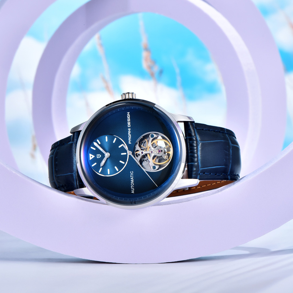 PAGANI DESIGN PD-1796 Men's Watch with Balance Wheel Automatic Mechanical Stainless Steel Wrist Watch for Men, Business Style, Leather Watch band
