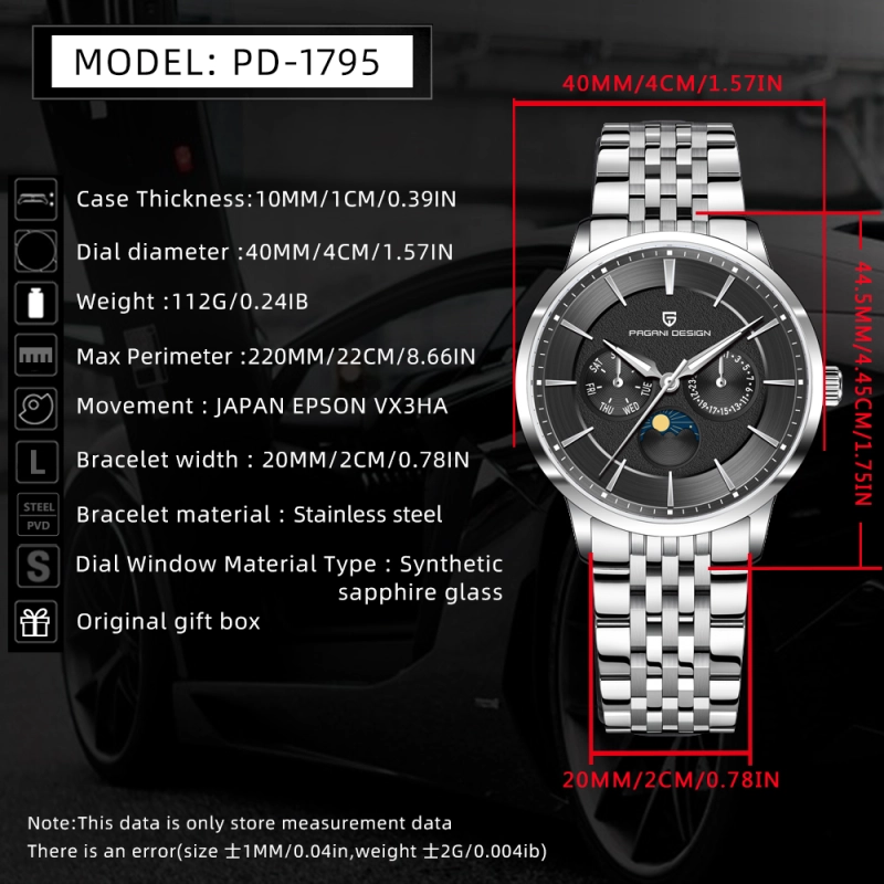 PAGANI DESIGN PD-1795 Quartz Men's Watch Stainless Steel Business Wrist Watch with Bracelet or Leather Watchband, Synthetic Sapphire Dial Glass