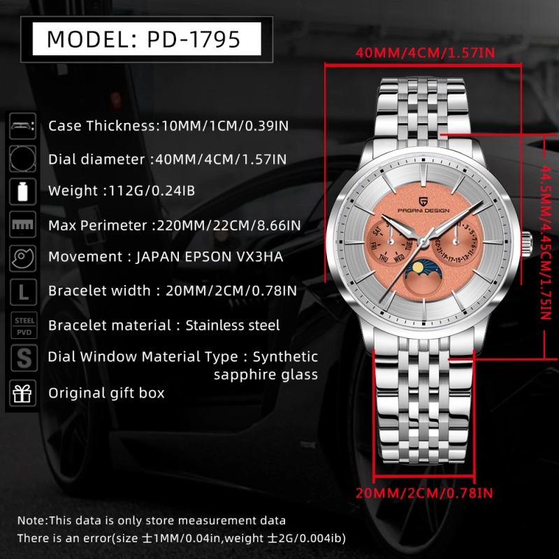 PAGANI DESIGN PD-1795 Quartz Men's Watch Stainless Steel Business Wrist Watch with Bracelet or Leather Watchband, Synthetic Sapphire Dial Glass