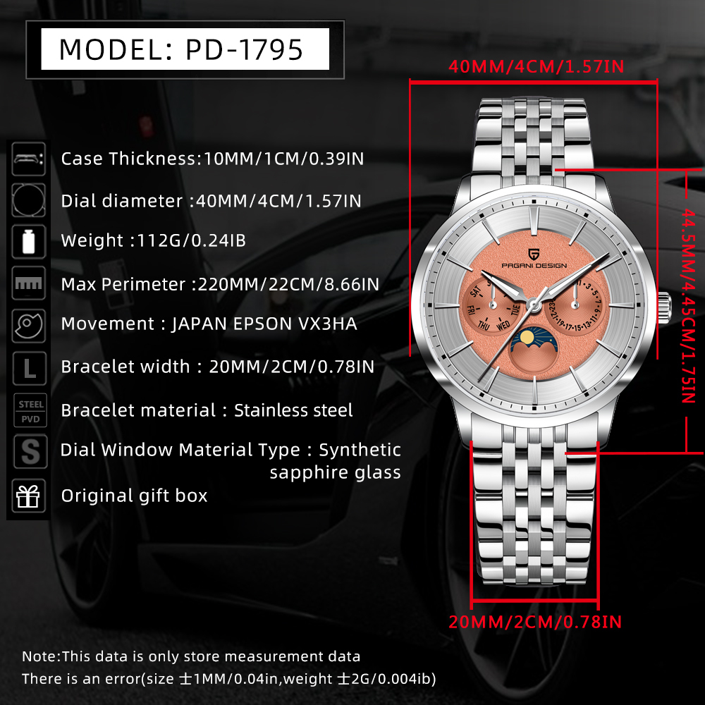 PAGANI DESIGN PD-1795 Quartz Men's Watch Stainless Steel Business Wrist Watch with Bracelet or Leather Watchband, Synthetic Sapphire Dial Glass