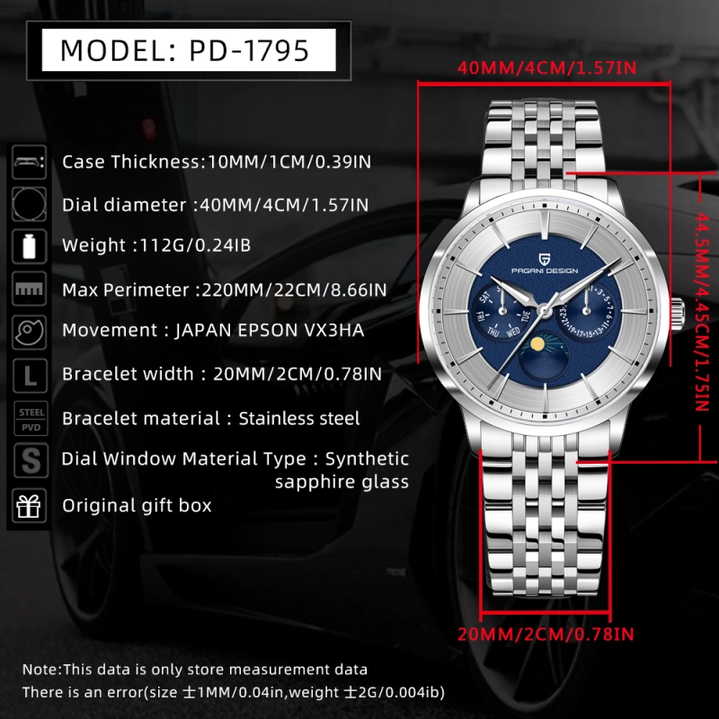 PAGANI DESIGN PD-1795 Quartz Men's Watch Stainless Steel Business Wrist Watch with Bracelet or Leather Watchband, Synthetic Sapphire Dial Glass