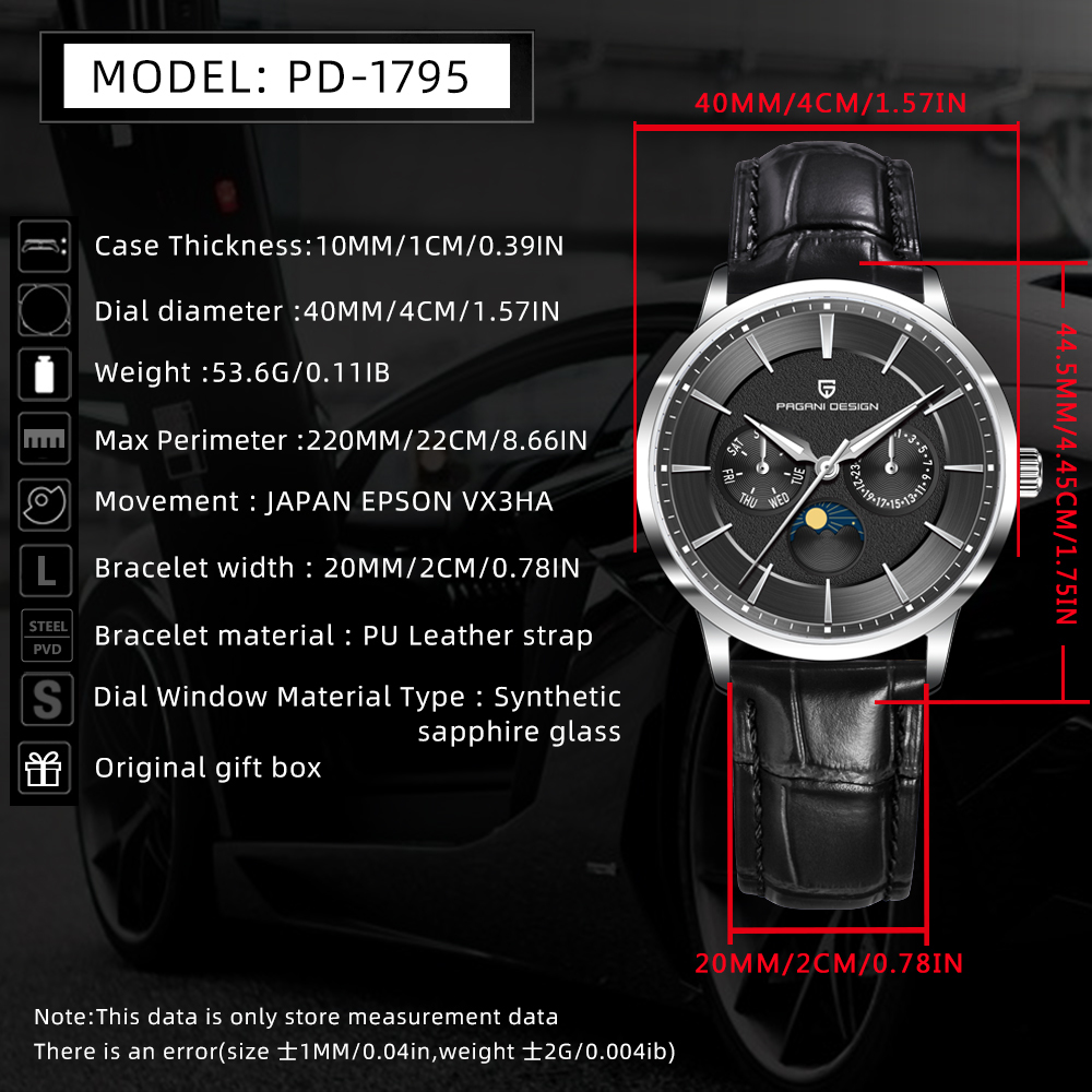 PAGANI DESIGN PD-1795 Quartz Men's Watch Stainless Steel Business Wrist Watch with Bracelet or Leather Watchband, Synthetic Sapphire Dial Glass