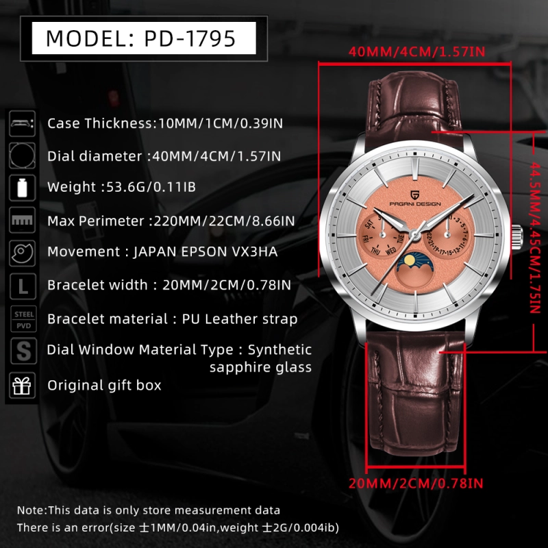 PAGANI DESIGN PD-1795 Quartz Men's Watch Stainless Steel Business Wrist Watch with Bracelet or Leather Watchband, Synthetic Sapphire Dial Glass