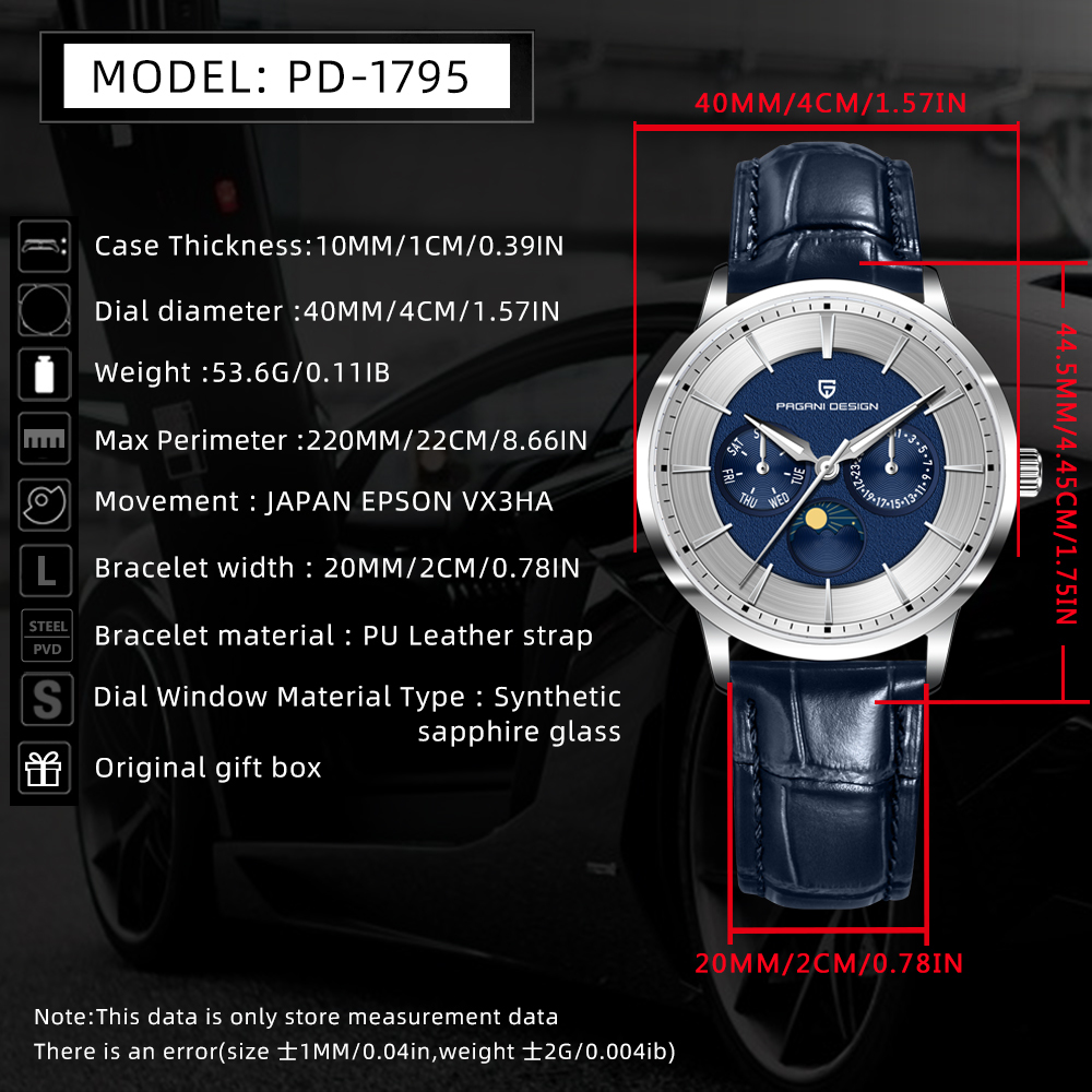 PAGANI DESIGN PD-1795 Quartz Men's Watch Stainless Steel Business Wrist Watch with Bracelet or Leather Watchband, Synthetic Sapphire Dial Glass