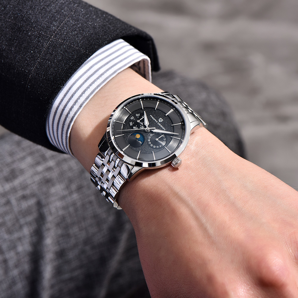 PAGANI DESIGN PD-1795 Quartz Men's Watch Stainless Steel Business Wrist Watch with Bracelet or Leather Watchband, Synthetic Sapphire Dial Glass