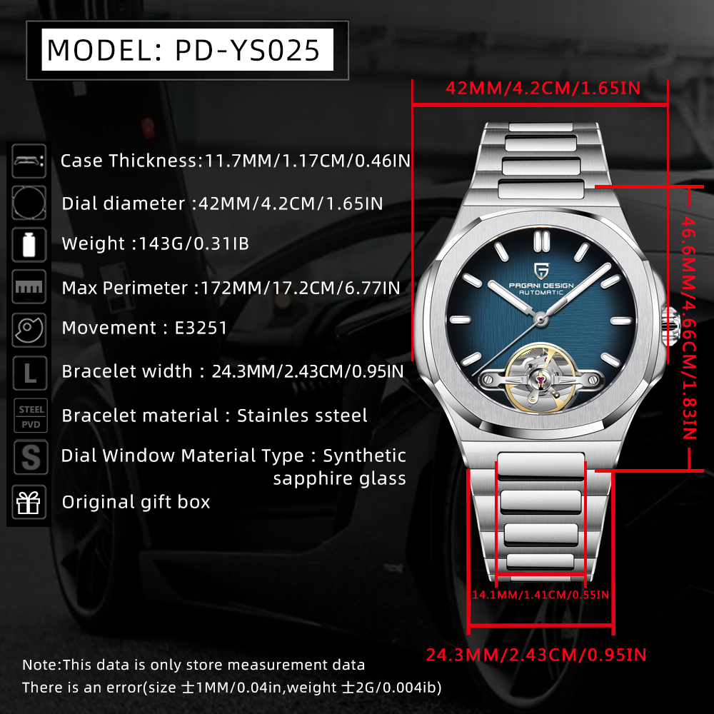 PAGANI DESIGN PD-YS025 New Automatic Men's Watch Full Stainless Steel Mechanical Wrist Watch for Men, Sapphire Dial Glass, Wristwatch with Balance Wheel
