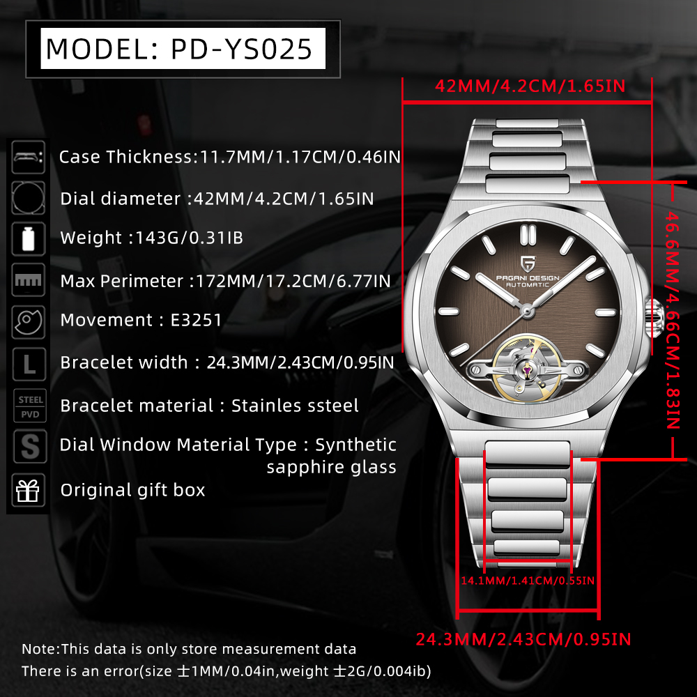 PAGANI DESIGN PD-YS025 New Automatic Men's Watch Full Stainless Steel Mechanical Wrist Watch for Men, Sapphire Dial Glass, Wristwatch with Balance Wheel
