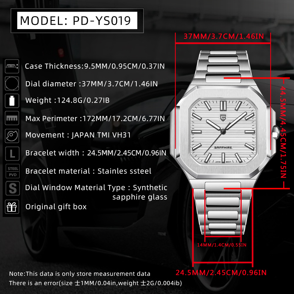 PAGANI DESIGN PD-YS019 Men's Quartz Watch New 37MM Stainless Steel Sports Waterproof Business Wrist Watch for Men, Synthetic Sapphire, Japan TMI VH31